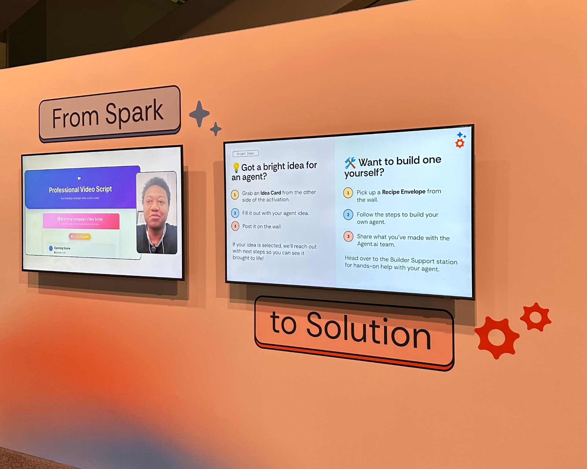 From Spark to Solution screens showing how attendees submit and build agent ideas